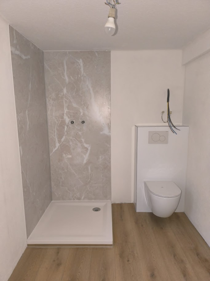 Montage ALU Verbundplatte Badezimmer mit Dusche, WC und Holzfußboden, helle Wände und Decke.